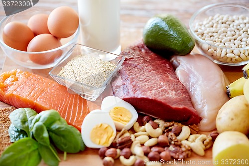 Image of close up of different food items on table