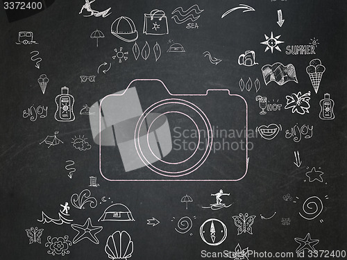 Image of Travel concept: Photo Camera on School Board background