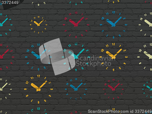 Image of Timeline concept: Clock icons on wall background