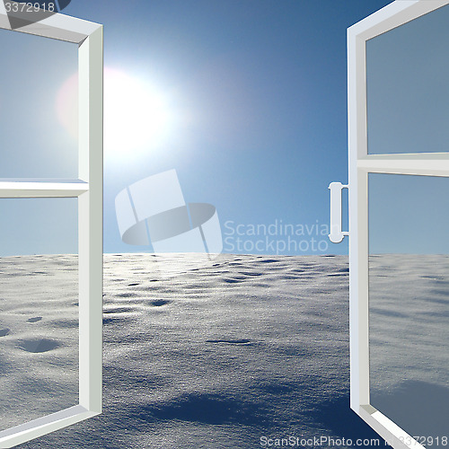 Image of opened window to the winter solar landscape