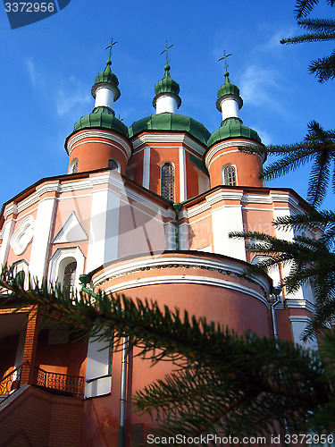 Image of Beautiful church and branches of spruce