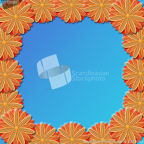 Image of frame from brown flowers on blue background