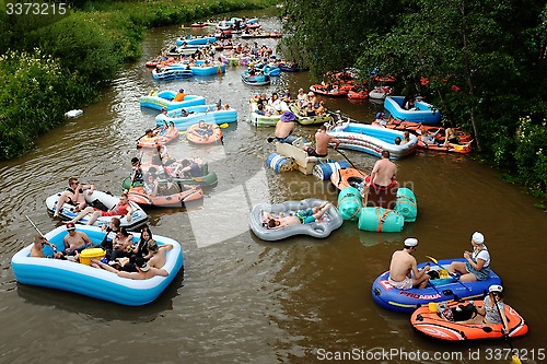 Image of VANTAA, FINLAND – AUGUST 1, 2015: Beer Floating (kaljakellunta