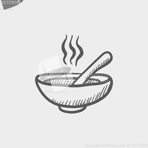 Image of Bowl of hot soup with spoon sketch icon