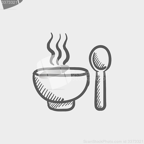 Image of Bowl of hot soup with spoon sketch icon