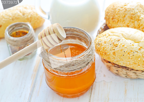 Image of honey,bread and milk