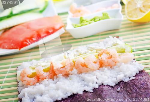 Image of Fresh ingredients for sushi, rice and shrimps