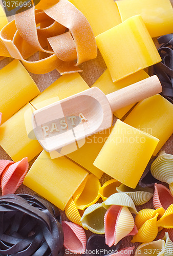 Image of assortment of raw pasta and wheat on wooden background