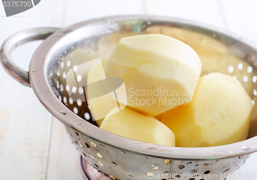 Image of raw potato in the metal bowl