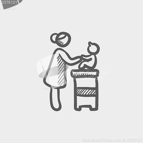 Image of Mother taking care of the baby sitting on a high chair sketch icon