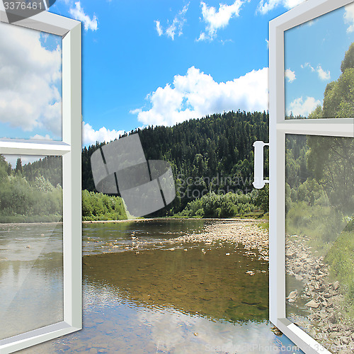Image of window opened to the river and mountains