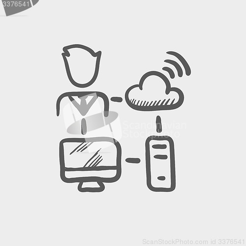 Image of Male office worker with computer set and wifi sketch icon