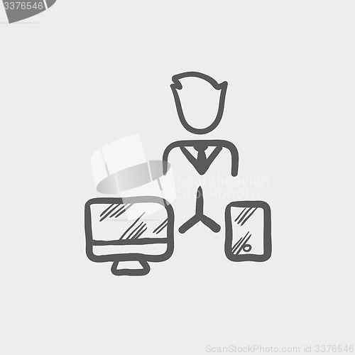 Image of Man with computer set sketch icon