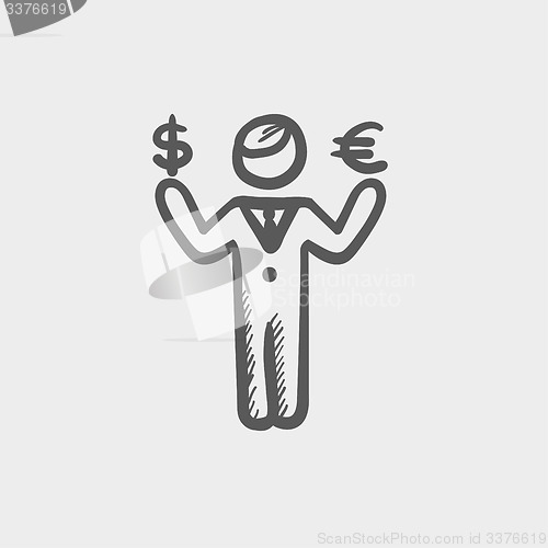 Image of Businessman holding Euro and US dollar sketch icon