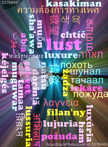 Image of Lust multilanguage wordcloud background concept glowing