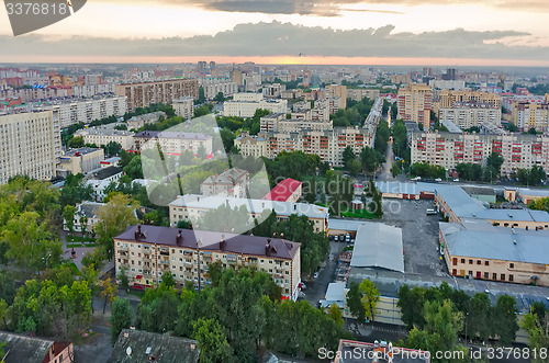 Image of Aerial view of Tyumen city skyline at sunset