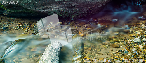 Image of broad river flowing through wooded forest