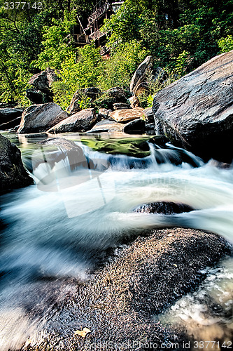 Image of broad river flowing through wooded forest