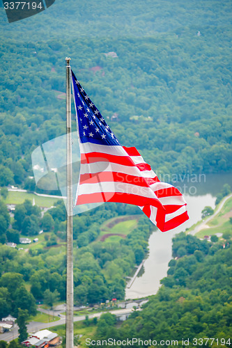 Image of chimney rock and american flag
