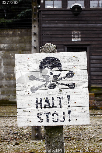 Image of Sign in Auschwitz concentration camp, Poland