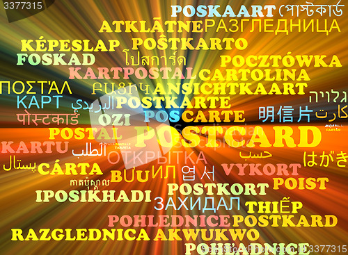 Image of Postcard multilanguage wordcloud background concept glowing