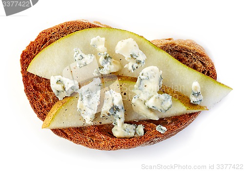 Image of toasted bread with pear and blue cheese