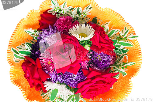 Image of Bunch of flowers: roses, asters, camomiles on a white background