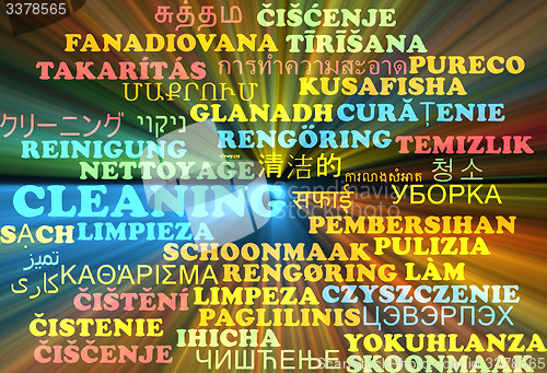 Image of Cleaning multilanguage wordcloud background concept glowing