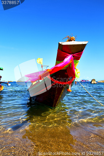 Image of boat prow asia in the  kho tao bay    rocks     thailand    sout