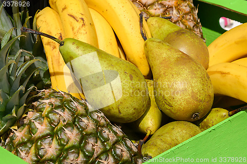 Image of pears pineapples bananas in a wooden box