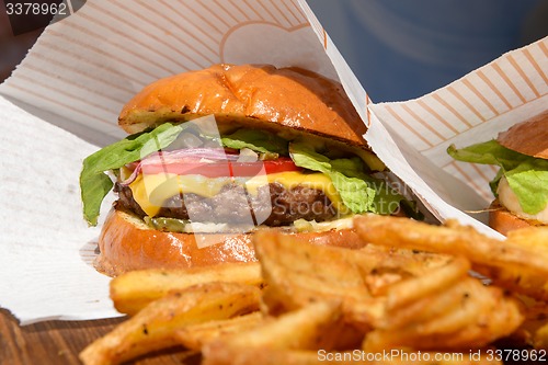 Image of burgers and fries on a tray