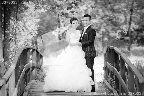 Image of Bride and groom in nature black and white
