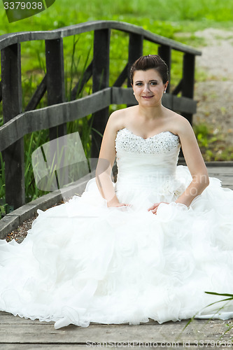 Image of Bride posing on wooden bridge