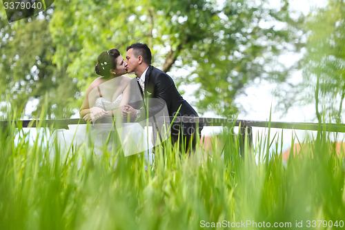 Image of Newlyweds kissing on wooden bridge