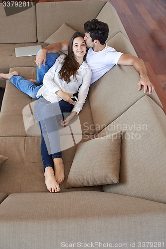 Image of happy young romantic couple have fun and  relax at home indoors