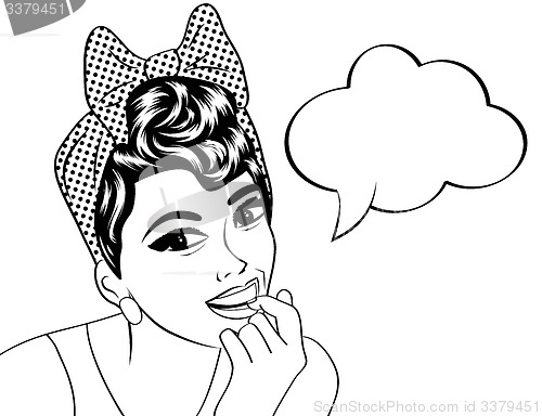 Image of pop art cute retro woman in comics style in black and white