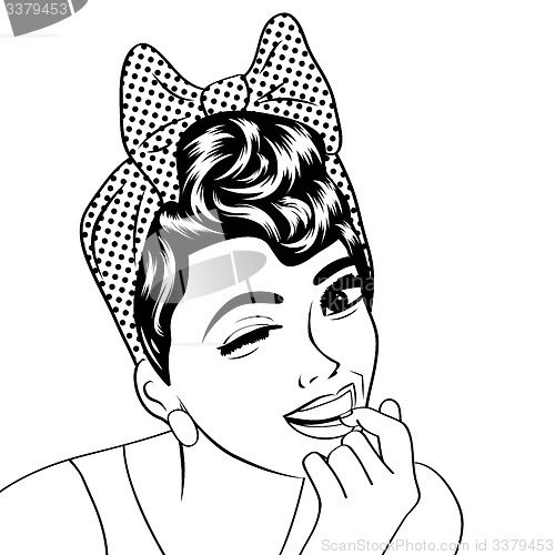 Image of pop art cute retro woman in comics style in black and white