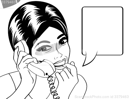 Image of woman chatting on the phone, pop art illustration in black and w