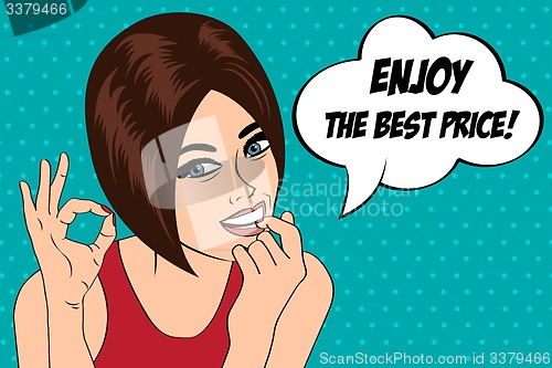 Image of cute retro woman in comics style with message