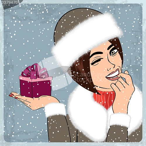 Image of elegant young and happy woman in winter, retro Christmas card