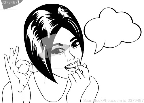 Image of pop art cute retro woman in comics style in black and white