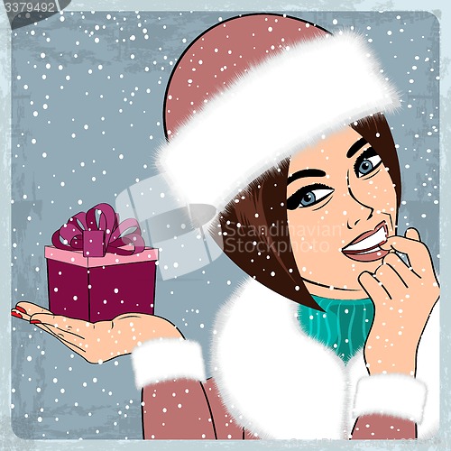 Image of elegant young and happy woman in winter, retro Christmas card
