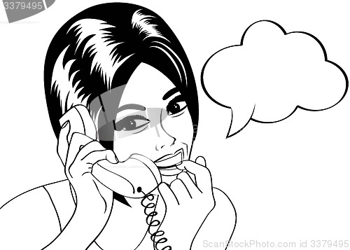 Image of woman chatting on the phone, pop art illustration in black and w