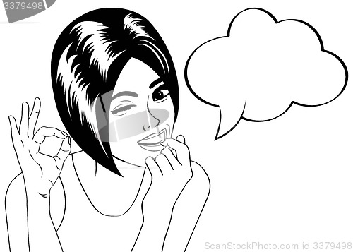 Image of pop art cute retro woman in comics style in black and white
