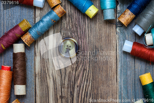Image of vintage button and spools of thread