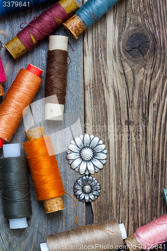 Image of vintage buttons and old reels of varicolored thread on the text