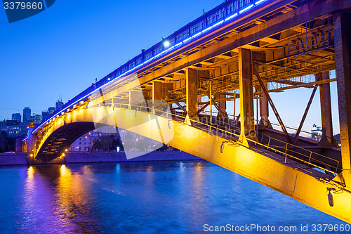 Image of Night urban landscape with old Smolensky Metro Bridge in Moscow