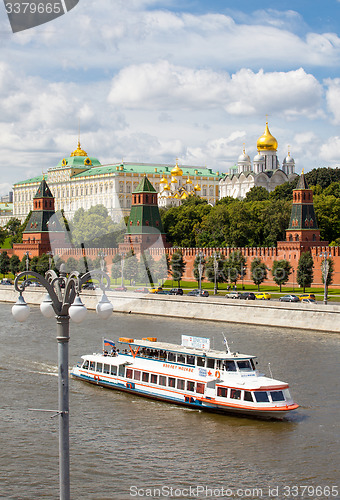 Image of Moscow-river, ship and the Grand Kremlin Palace, Russia