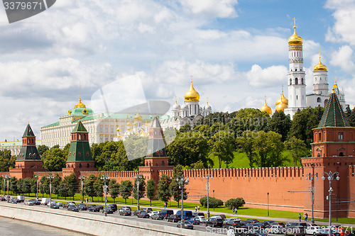 Image of Moscow river, the ship and the Grand Kremlin Palace, Russia