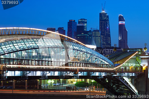 Image of part of bridge and Moscow City towers